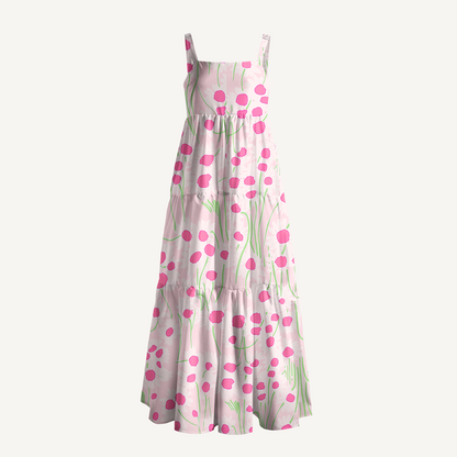 Square Neck Pink Daisy Print Wide Straps Maxi Dress With Pockets