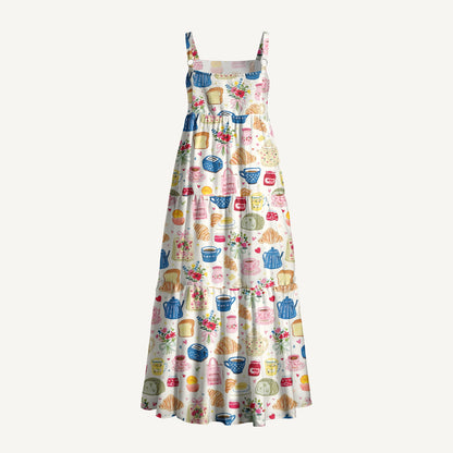 Sweet Brunch Kitchen Print Wide Straps Maxi Dress With Pockets
