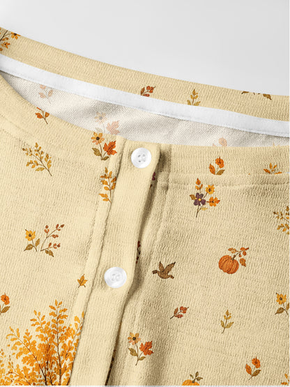 Lightweight Crew Neck Long‑Sleeve Cropped Autumn Garden Retreat Print Fine‑Knit Cardigan