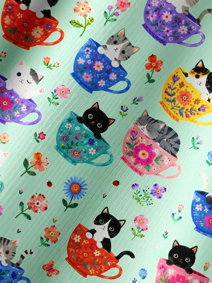 Cute Teacup Kitten Print Boho Long Sleeve Tie‑Neck Blouse