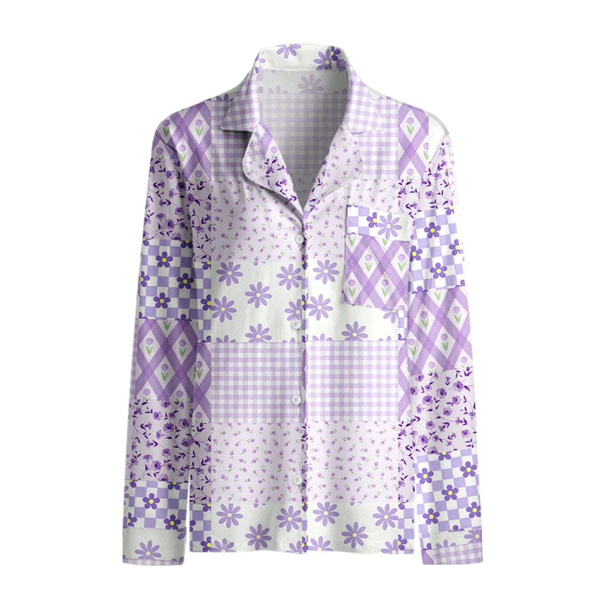 Lavender Daisy & Gingham Print Long Pajama Set