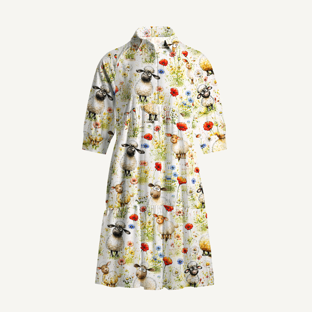 V Neck Collared Whimsical Sheep Clipart Mini Dress For Women With Pockets