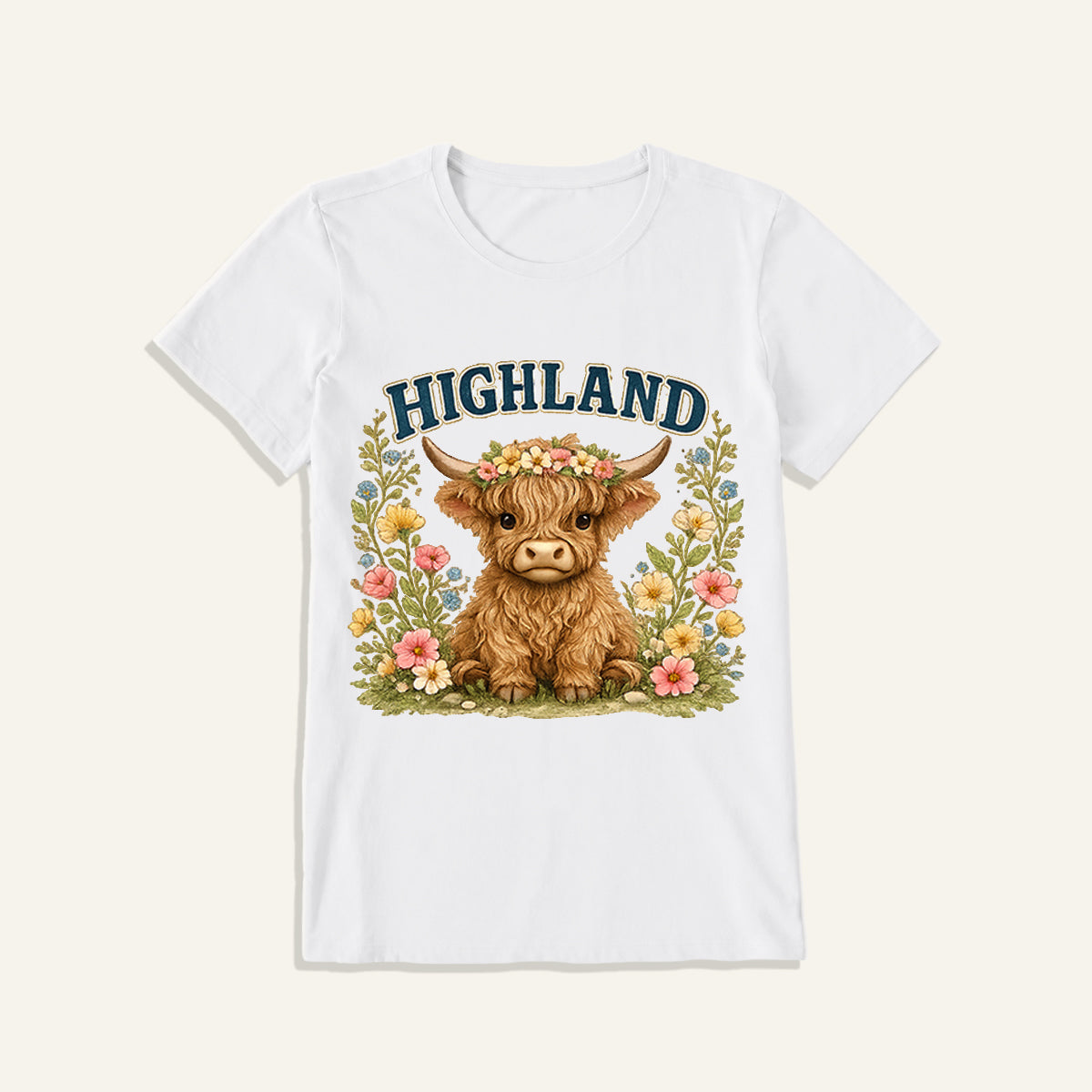 Highland Cow Wildflower Print Crew Neck Cotton Tee