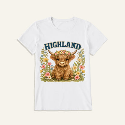 Highland Cow Wildflower Print Crew Neck Cotton Tee