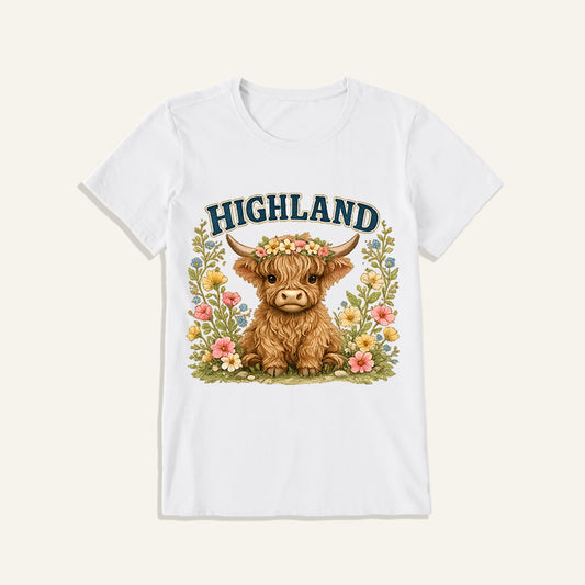 Highland Cow Wildflower Print Crew Neck Cotton Tee
