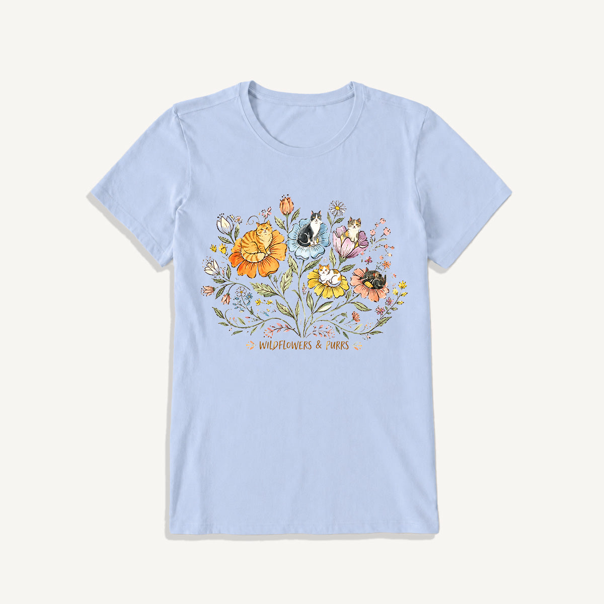 Wildflowers And Purrs Bloom Print Crew Neck Cotton Tee