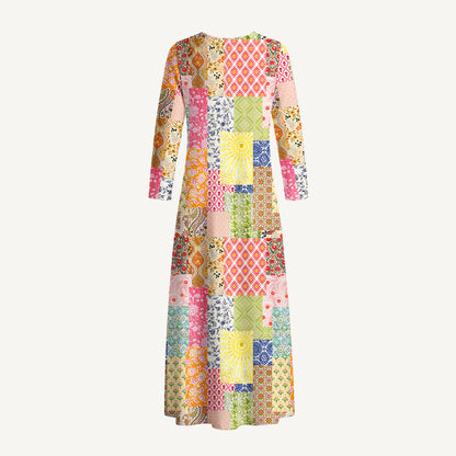 Colorful Bohemian Patchwork Print Soft-Touch Stretch Knit Long Sleeve Maxi Dress with Pockets