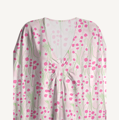 V‑Neck Pink Daisy Kimono Sleeve Kaftan Dress
