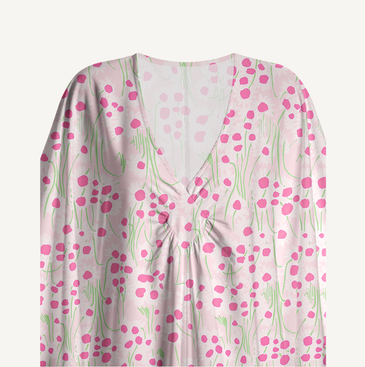 V‑Neck Pink Daisy Kimono Sleeve Kaftan Dress