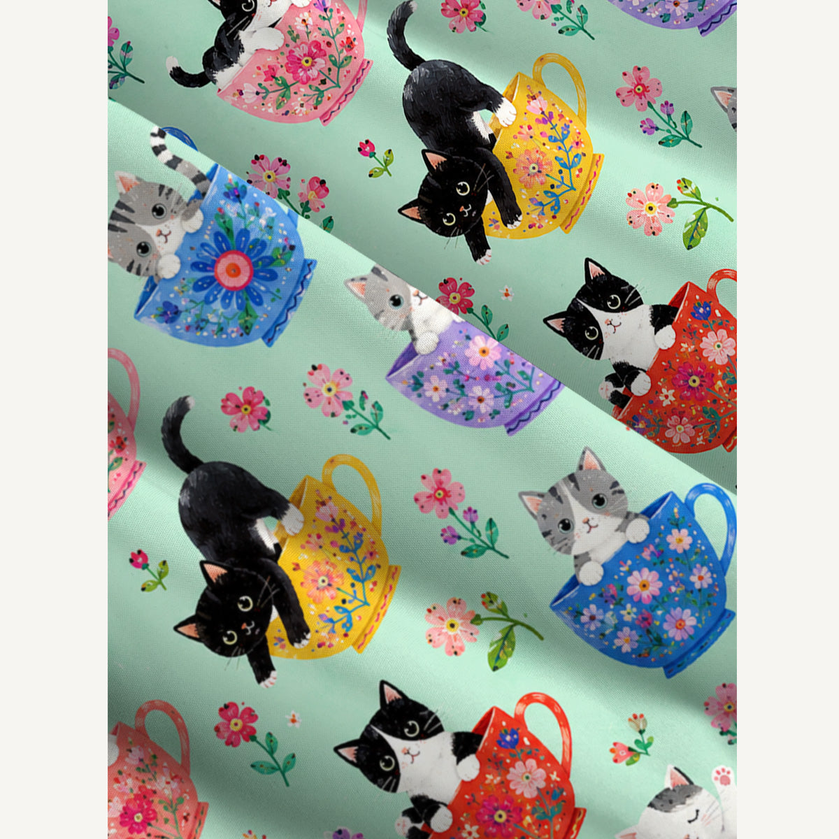 Cute Teacup Kitten Print Wide Straps Maxi Dress With Pockets