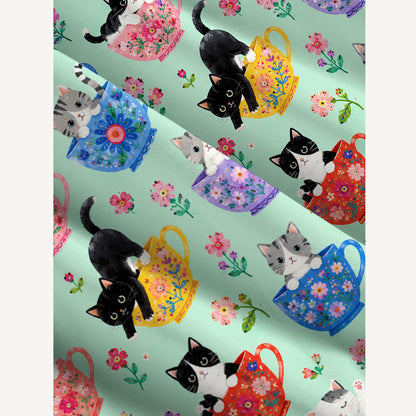 Cute Teacup Kitten Print Wide Straps Maxi Dress With Pockets