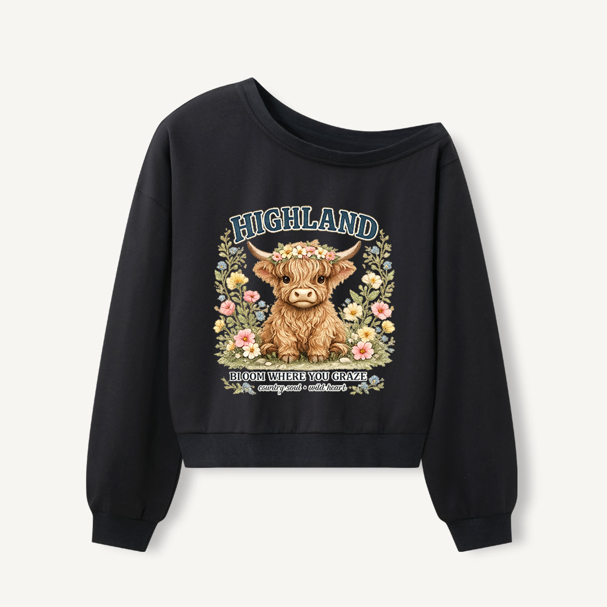 Highland Cow Wildflower Print Off Shoulder Sweatshirts