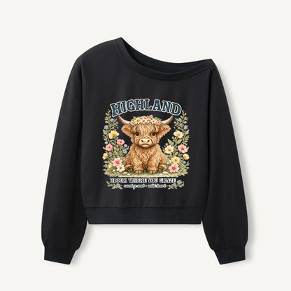 Highland Cow Wildflower Print Off Shoulder Sweatshirts
