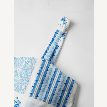 Delft Blue Floral Patchwork Print Cotton Wide Straps Maxi Dress With Pockets