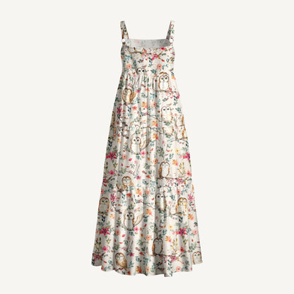 Forest Owls Print Wide Straps Maxi Dress With Pockets