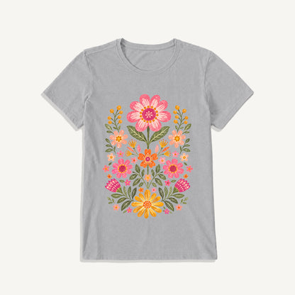 Retro Folk Garden Bloom Print Crew Neck Cotton Tee