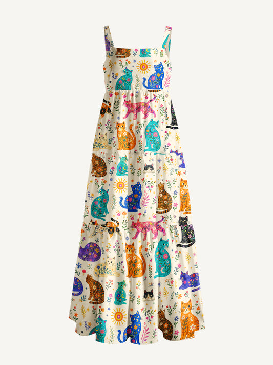 Painted Cat Garden Print Wide Straps Maxi Dress With Pockets