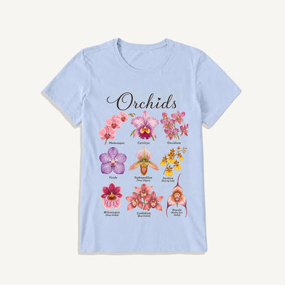 Vintage Orchid Botanical Illustration Print Crew Neck Cotton Tee