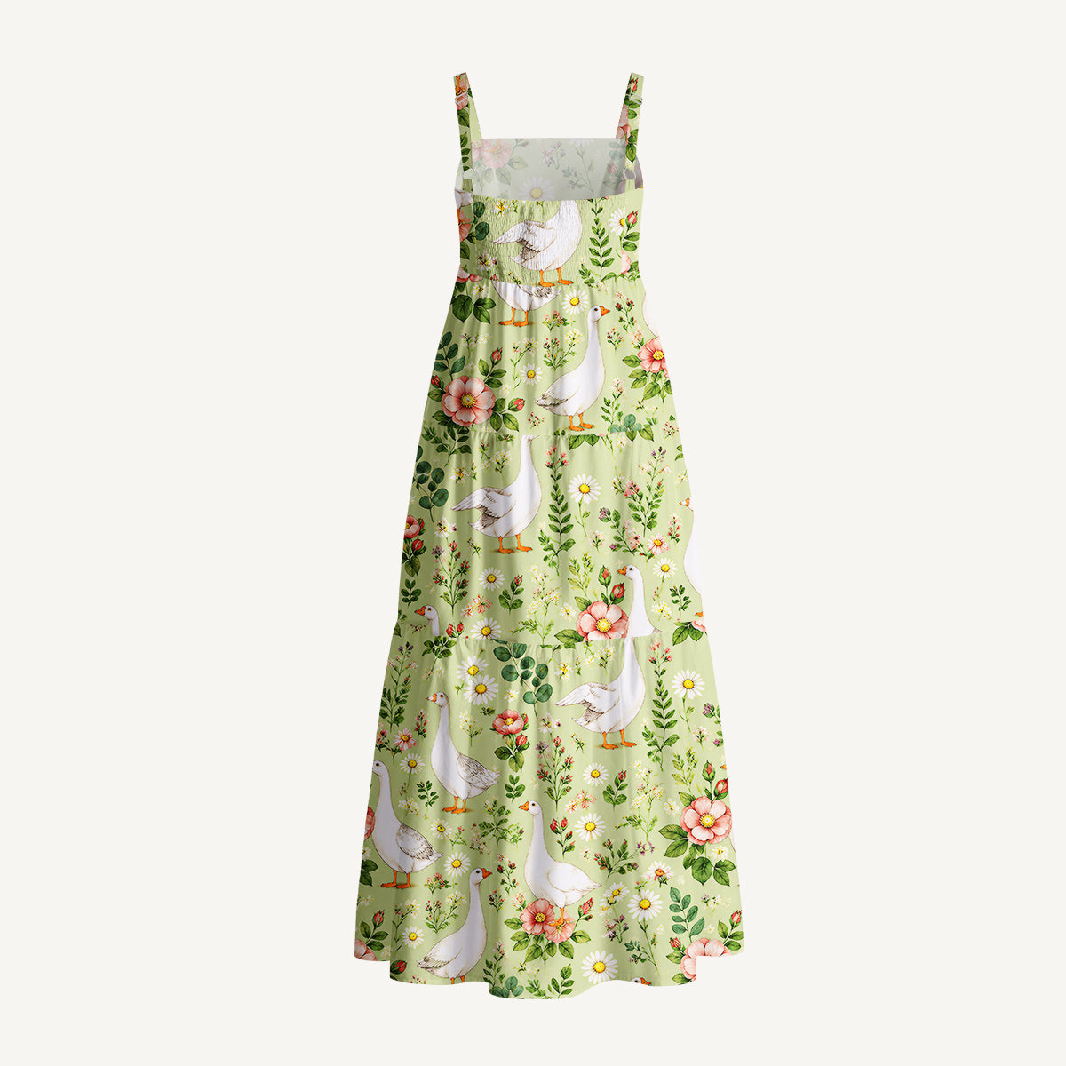 Pastoral Goose Garden Print Cotton Wide Straps Maxi Dress With Pockets