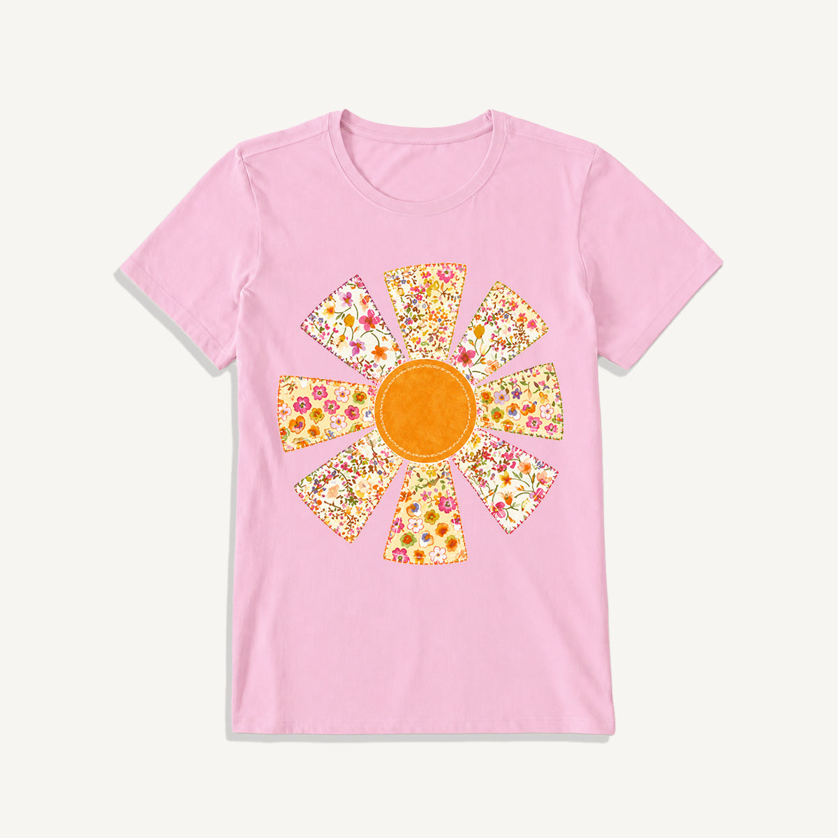Golden Patchwork Daisy Print Crew Neck Cotton Tee