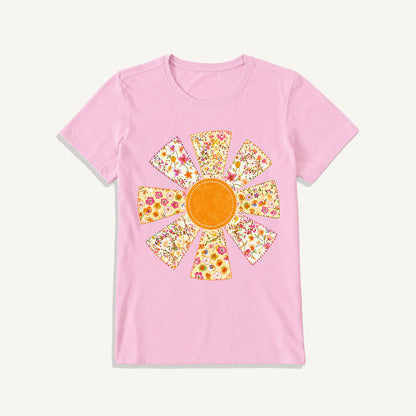 Golden Patchwork Daisy Print Crew Neck Cotton Tee