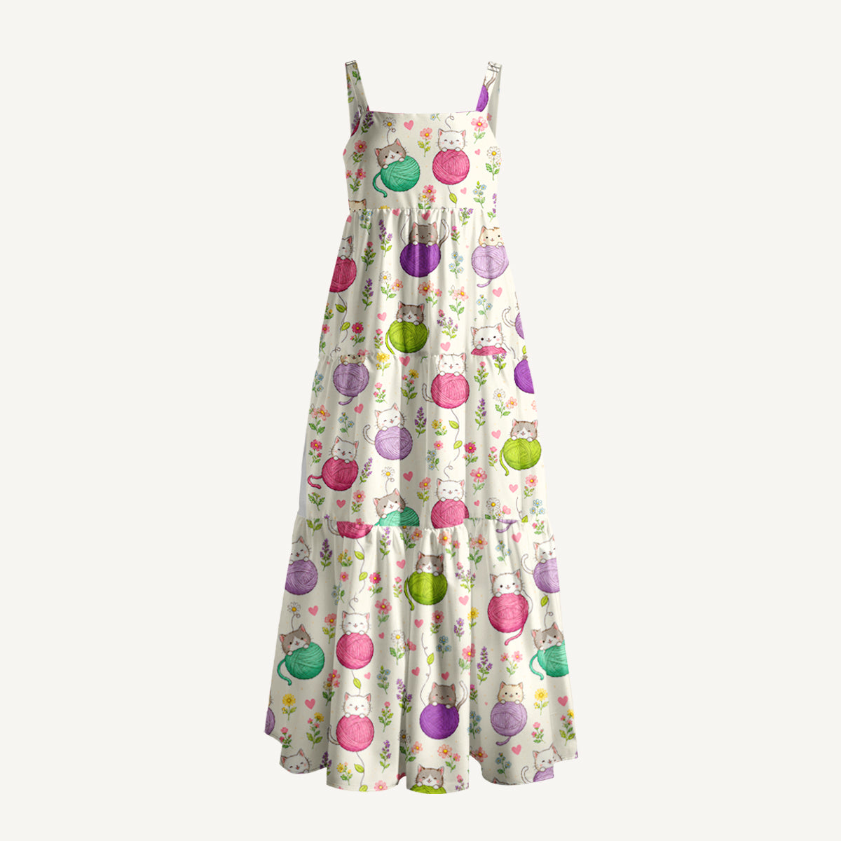 Cat Yarn Ball Print Wide Straps Maxi Dress With Pockets