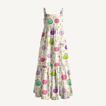 Cat Yarn Ball Print Wide Straps Maxi Dress With Pockets