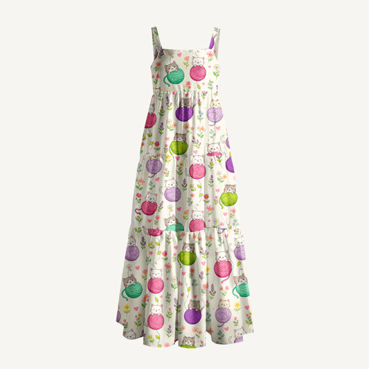 Cat Yarn Ball Print Wide Straps Maxi Dress With Pockets