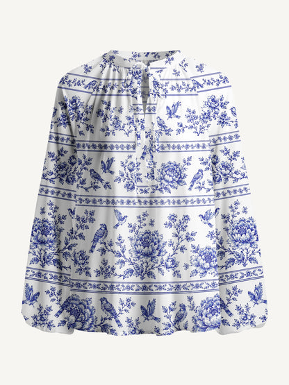 Bluebird Blossom Toile Print Boho Long Sleeve Tie‑Neck Blouse