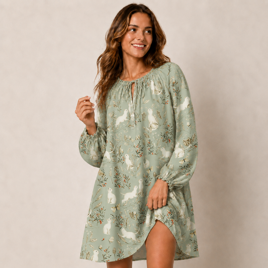 Enchanted Meadow Cat Print Boho Tie‑Neck Smock Mini Dress