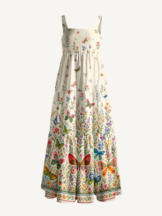 Boho Butterfly Wildflower Meadow Print Wide Straps Maxi Dress With Pockets