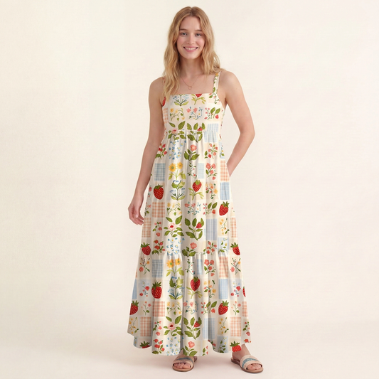 Strawberry Garden Patchwork Print Wide Straps Maxi Dress With Pockets