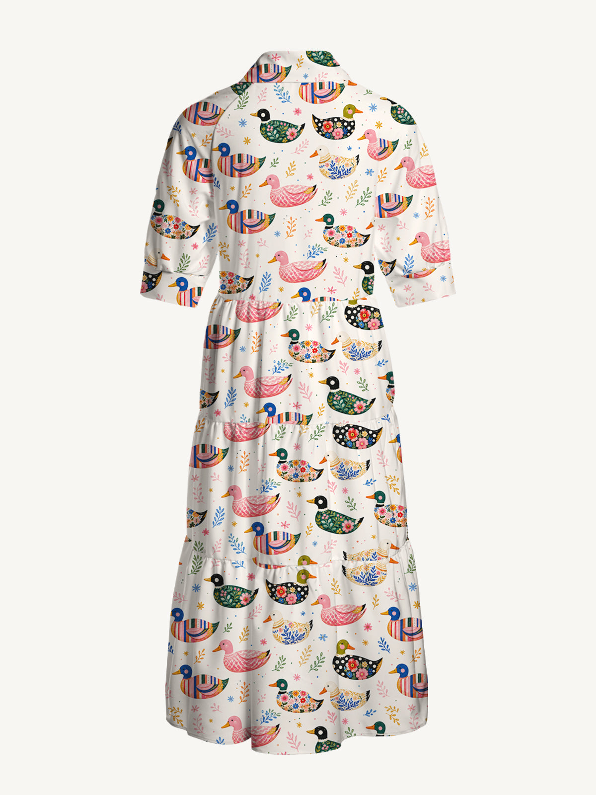 V Neck Collared Whimsical Floral Ducks Print Casual Midi Dress With Pockets