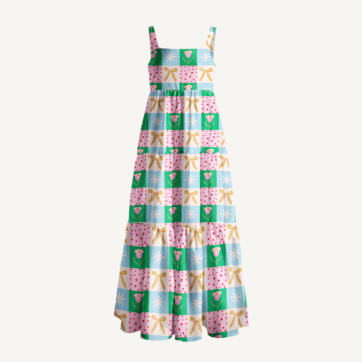 Tulip Ribbon Patchwork Wide Straps Maxi Dress With Pockets