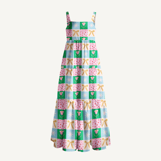 Tulip Ribbon Patchwork Wide Straps Maxi Dress With Pockets