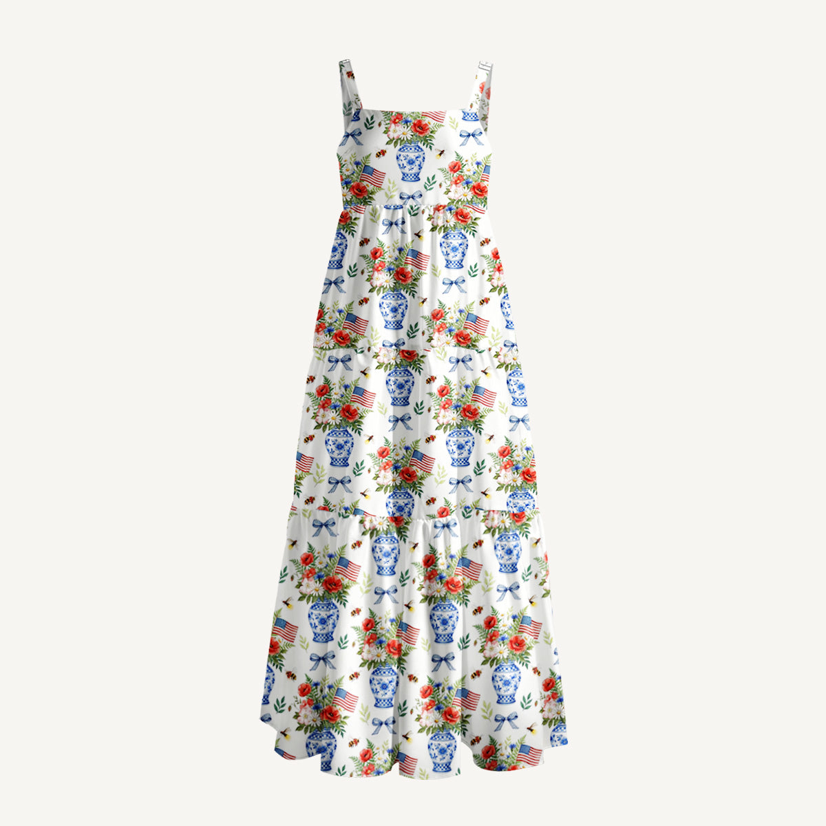 Patriotic Floral Vases Print Wide Straps Maxi Dress With Pockets