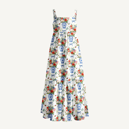 Patriotic Floral Vases Print Wide Straps Maxi Dress With Pockets