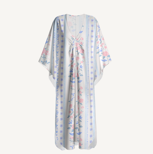 V‑Neck Blue Rose Kimono Sleeve Kaftan Dress