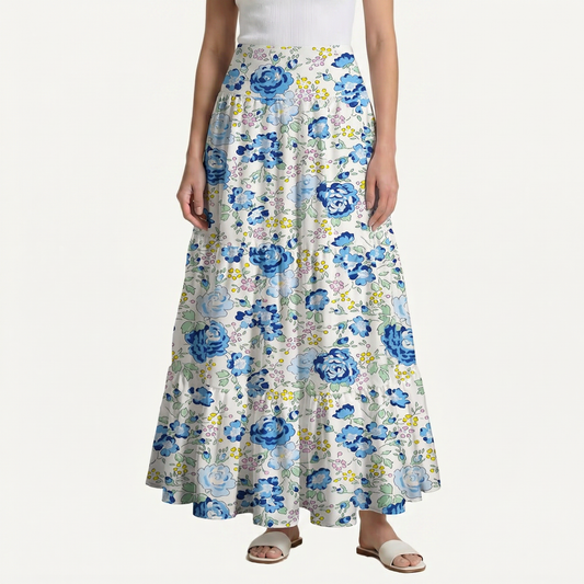 Blue Rose Floral Print Convertible Maxi Skirt & Strapless Dress