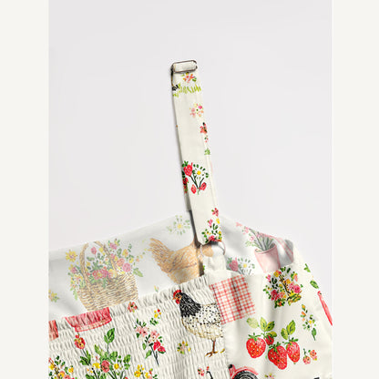 Watercolor Pink Farm Chicken Cow Print Wide Straps Maxi Dress With Pockets