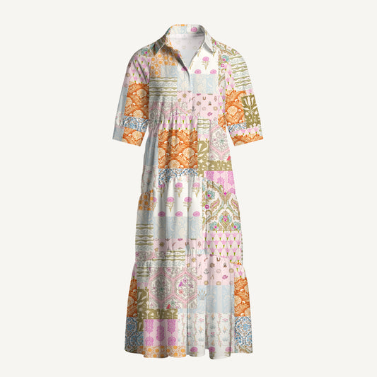 V Neck Collared Timeless Floral Patchwork Print Quilt Print Casual Midi Dress With Pockets