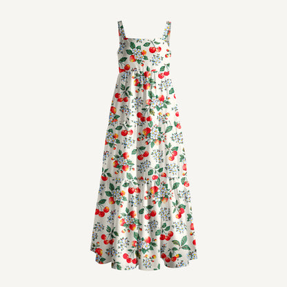 Cottage Garden Cherry Pattern Print Wide Straps Maxi Dress With Pockets