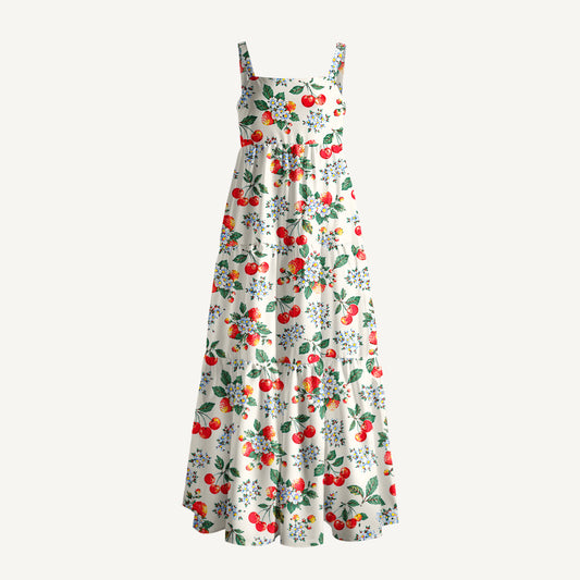 Cottage Garden Cherry Pattern Print Wide Straps Maxi Dress With Pockets