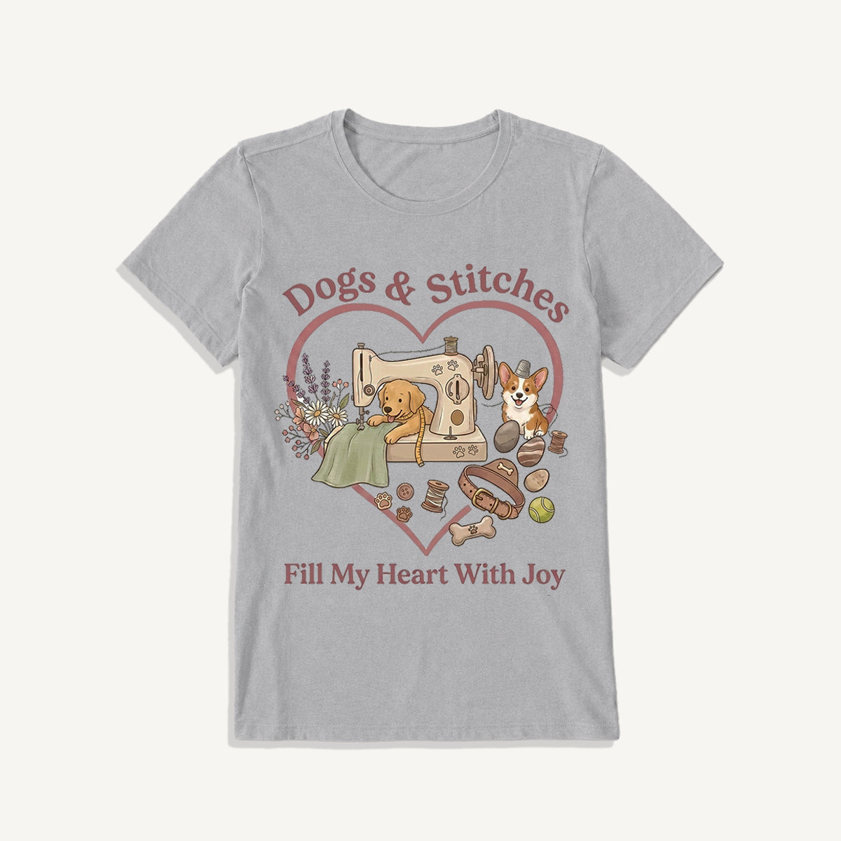 Puppy Stitches and Joy Print Crew Neck Cotton Tee