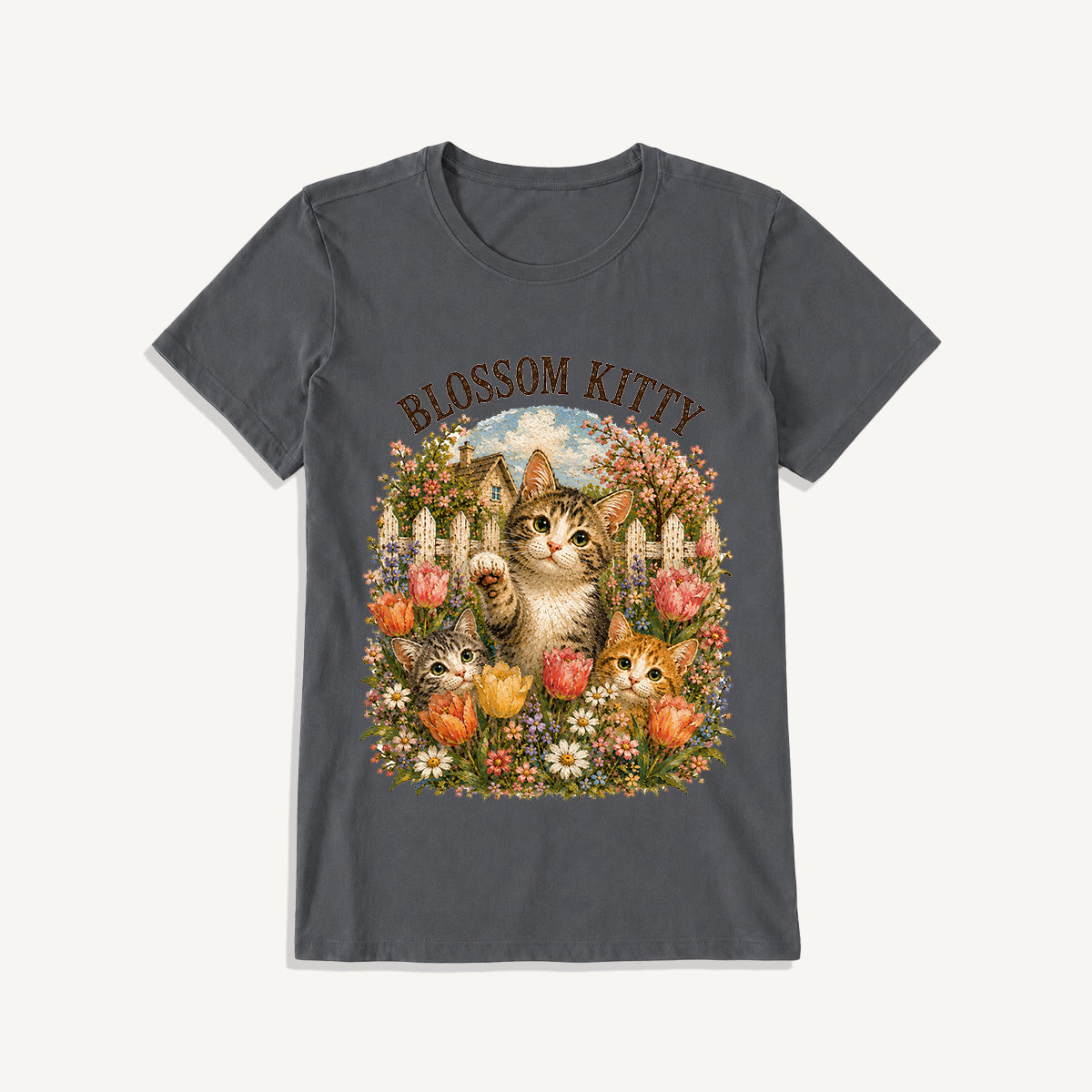 Blossom Kitty Cottage Print Crew Neck Cotton Tee