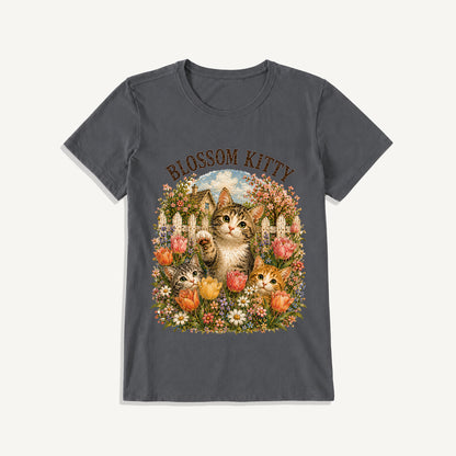 Blossom Kitty Cottage Print Crew Neck Cotton Tee