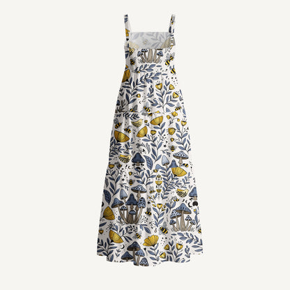Bee Whisper Forest Print Cotton Wide Straps Maxi Dress With Pockets