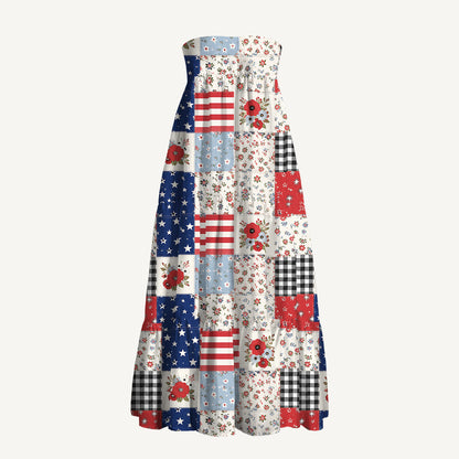 Flower Americana Patchwork Print Convertible Maxi Skirt & Strapless Dress