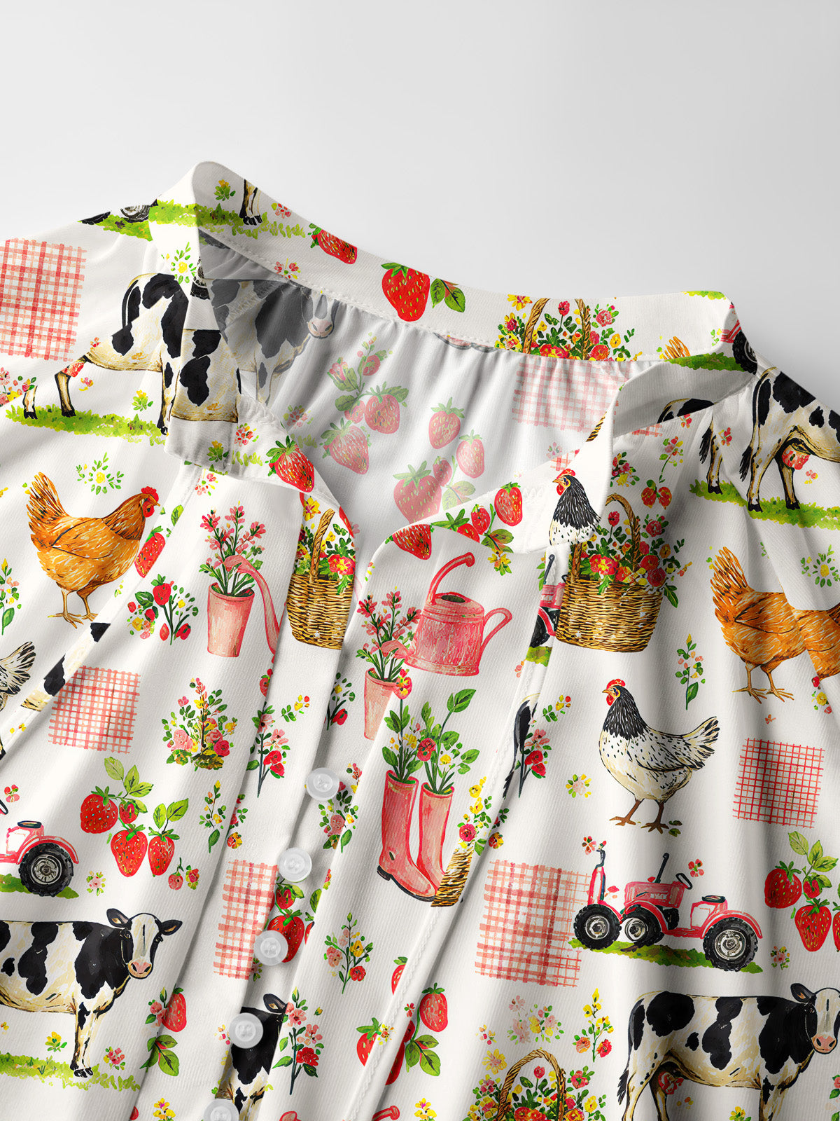 Watercolor Pink Farm Chicken Cow Print Boho Long Sleeve Tie‑Neck Blouse