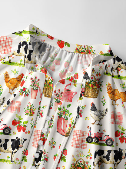 Watercolor Pink Farm Chicken Cow Print Boho Long Sleeve Tie‑Neck Blouse